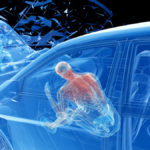 3d rendered illustration of two colliding cars - illustrating the effect of an impact without airbag