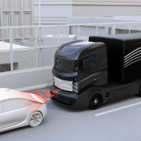 Automatic braking system avoid car crash from car accident. Concept for driver assistance systems. 3D rendering image. Automatic braking system avoid car crash from car accident. Concept for driver assistance systems. 3D rendering image.