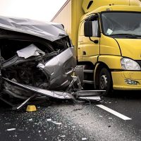 Car crash accident with truck on road. Car crash accident with truck on road.