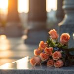 A bouquet of roses on a grave in a cemetery at sunset.