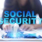 Woman is using modern tablet pc, presssing on touch screen and selecting "Social security".