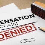 3d illustration of a worker compensation claim with a stamp denied. Disability insurance concept.