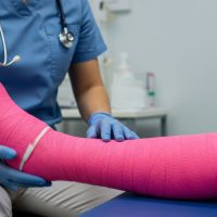A healthcare professional examines a patient's pink cast in a clinical setting emphasizing the importance of medical care.