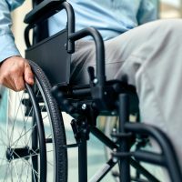 Close-up view of a person's hand gripping the wheel of a black wheelchair.