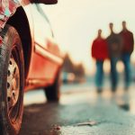 Red damaged car parked on the roadside after a road accident with people leaving the scene