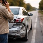 Person on Phone Standing Next to Damaged Car at Side of Road - Car Accident - Car Crash