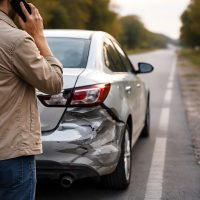 Person on Phone Standing Next to Damaged Car at Side of Road - Car Accident - Car Crash