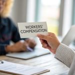 Discussion on workers' compensation between two individuals in an office setting with documents