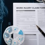 work injury claim form with stethoscope  and box of pills on top of an X-ray film medical and insurance concept