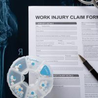 work injury claim form with stethoscope and box of pills on top of an X-ray film medical and insurance concept work injury claim form with stethoscope and box of pills on top of an X-ray film medical and insurance concept