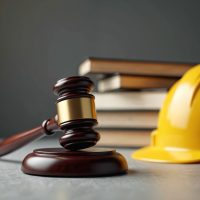 Construction law concept with gavel, yellow helmet, books in background. Civil engineering, property rights, legal protection, business case, architecture, building codes. Safety, worker compensation