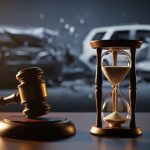 Wooden judge gavel and hourglass in focus on a desk. Blurred car crash accident in the background. Concept of legal deadline, statute of limitations, and auto insurance dispute