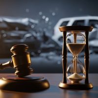 Wooden judge gavel and hourglass in focus on a desk. Blurred car crash accident in the background. Concept of legal deadline, statute of limitations, and auto insurance dispute Wooden judge gavel and hourglass in focus on a desk. Blurred car crash accident in the background. Concept of legal deadline, statute of limitations, and auto insurance dispute
