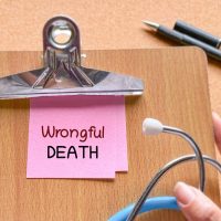 Clipboard with wrongful death note and stethoscope representing medical malpractice lawsuit and healthcare legal claim concept.