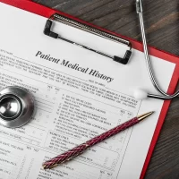 A patient medical history form on a clipboard is seen on a wooden table, accompanied by a stethoscope and a red pen. The scene conveys a clinical setting.