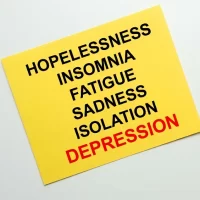 Yellow sticky note lists symptoms of depression including hopelessness insomnia fatigue sadness isolation and mental health profile with head outline anxiety stress