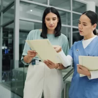 Team, documents and nurse or women in hospital for ward clerk, icu emergency and medical records at night. Healthcare administration, surgery schedule and discussion with people for overtime
