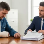 man-with-arm-in-sling-consults-with-a-professional-in-a-suit-over-workers-comp-claim-documents-on-a-desk