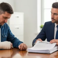 man-with-arm-in-sling-consults-with-a-professional-in-a-suit-over-workers-comp-claim-documents-on-a-desk man-with-arm-in-sling-consults-with-a-professional-in-a-suit-over-workers-comp-claim-documents-on-a-desk