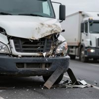 Crashed white semi-truck on highway with severely damaged front end, debris scattered, another truck in background. Crashed white semi-truck on highway with severely damaged front end, debris scattered, another truck in background.