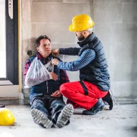 a-man-wearing-a-yellow-hard-hat-tends-to-an-injured-construction-worker-with-a-sling
