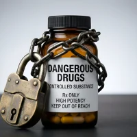locked-pill-bottle-with-dangerous-drugs-label-and-chain