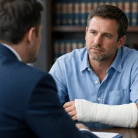 injured-man-with-arm-cast-talking-to-attorney injured-man-with-arm-cast-talking-to-attorney