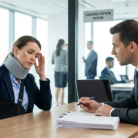 a-distressed-injured-woman-wearing-a-neck-brace-and-arm-sling-consults-with-a-personal-injury-lawyer-or-insurance-agent-about-an-accident-claim-in-a-modern-corporate-consultation a-distressed-injured-woman-wearing-a-neck-brace-and-arm-sling-consults-with-a-personal-injury-lawyer-or-insurance-agent-about-an-accident-claim-in-a-modern-corporate-consultation