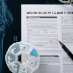 work-injury-claim-form-with-stethoscope-and-box-of-pills-on-top-of-an-xray-film-medical-and-insurance-concept