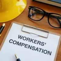 workers-compensation-claim-paperwork-and-protective-hard-hat-resting-on-a-wooden-desk-alongside-reading-glasses-and-writing-instruments